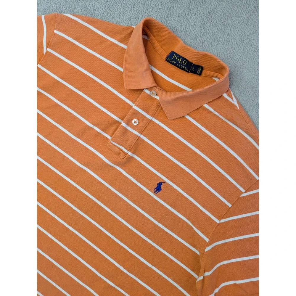Polo Ralph Lauren Men's Size Large Orange White Stripe Classic Fit Polo Shirt